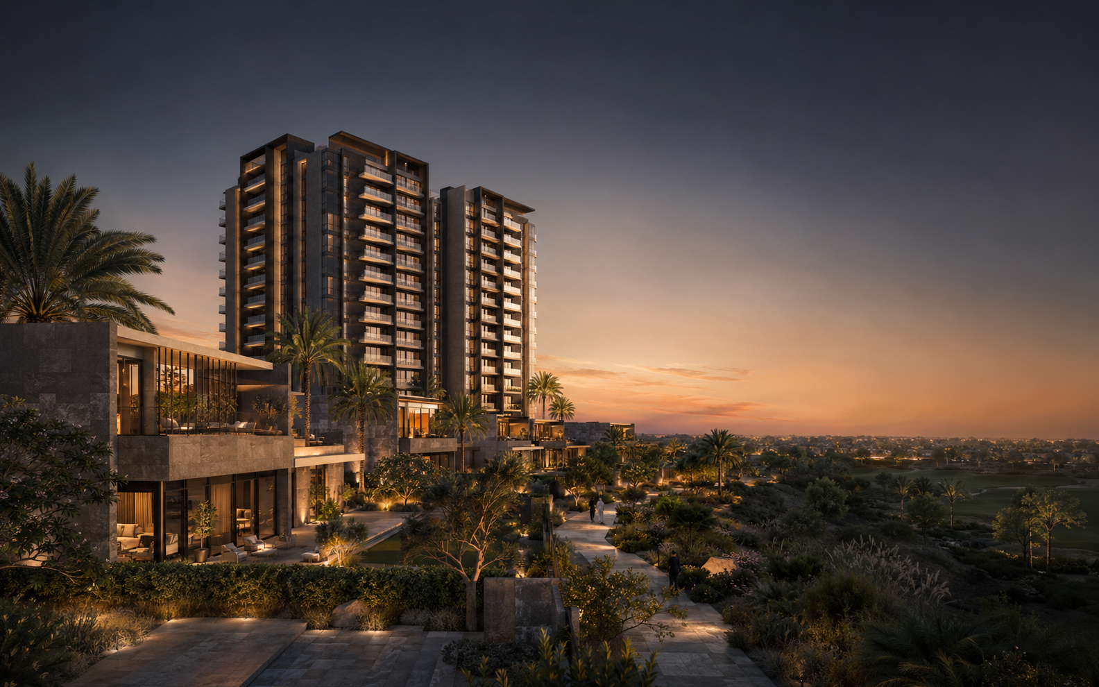 مشروع سكني فاخر في مدينة الرياض وقت الغروب